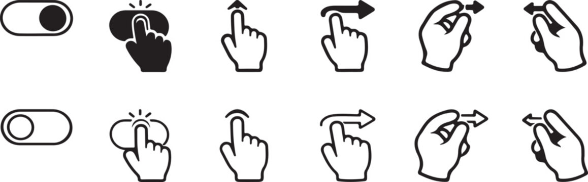 Black and outline touchscreen hand gesture vector icon set for mobile app UI UX design.