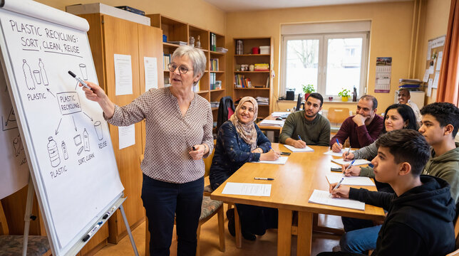 Senior female teacher demonstrates plastic recycling on classroom whiteboard