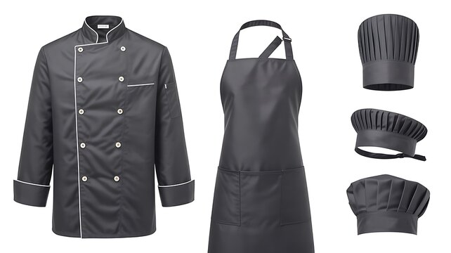 Chef uniform with black jacket, apron, and matching kitchen hats isolated on white background
