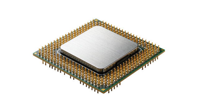 Square metallic CPU processor with many gold pins, isolated on transparent background