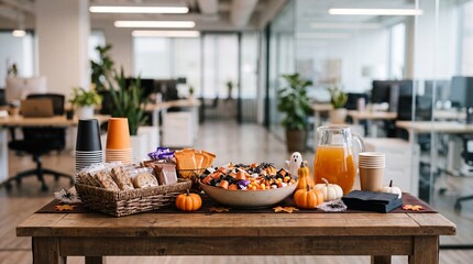 Fototapeta premium Office break room table setup with Halloween candy and snack
