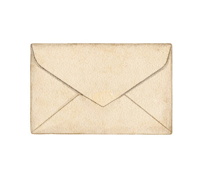 Watercolor Vintage beige classic blank letter envelope with paper texture isolated on white background. Watercolor and pencil hand drawn illustration sketch