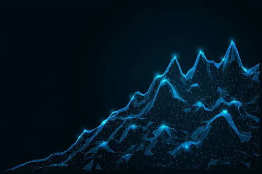 An abstract digital landscape of a mountain range created with blue glowing lines and nodes on a dark background, representing data visualization