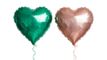 Two heart-shaped foil balloons one emerald green and one rose gold, isolated on transparent background © creator