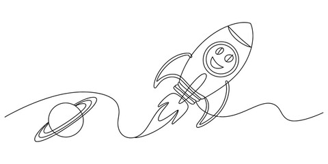 Smiling rocket ship flying past planet in space using one continuous black line for kids education or travel themed designs. © Purnima