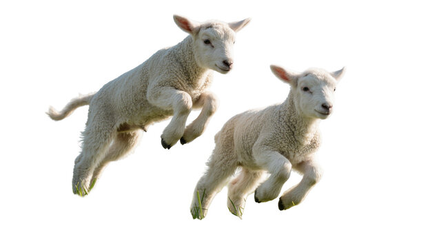 Two fluffy white lambs leaping joyfully, isolated on transparent background