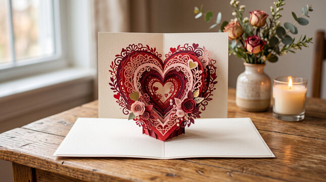 Handcrafted red glittery heart pop-up greeting card displayed on white cardstock with copy space
