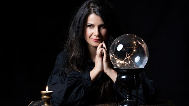 Portrait of a fortune teller woman with a magic sphere and candle