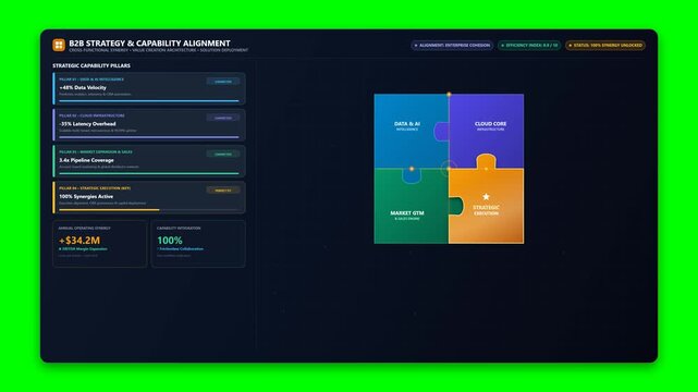 Motion Graphics Animation of B2B Strategy Dashboard with Jigsaw Puzzle Alignment and Business Synergy Metrics