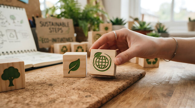 Woman holding wooden block with nature