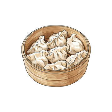 Dim Sum Dumplings in Bamboo Steamer Vector Watercolor