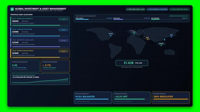 Animated Financial Investment Dashboard Interface with Global Asset Management Data and World Map Network