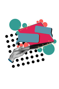Vertical collage poster laptop screen display digital device remote communication textboxes message dialog discussion forum