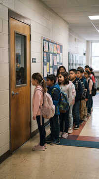 Diverse group of schoolchildren waiting in line outside classroom door