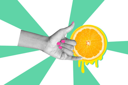 Composite photo collage of hand show shaka gesture tropical drink orange juice exotic refreshment isolated on painted background