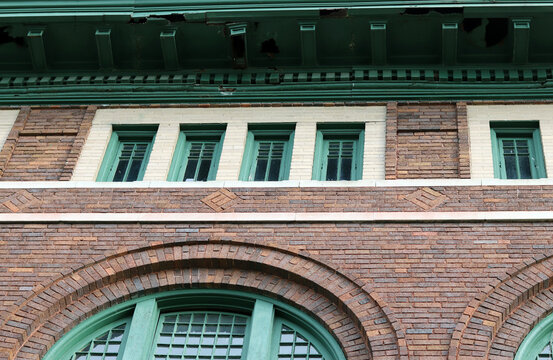 Upper story window row on brick building with wild mourning dove perched on ledge