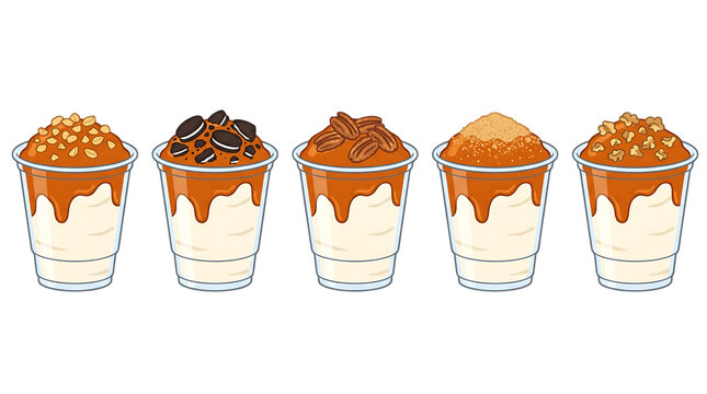 Caramel drizzle dessert cups topped with nuts, cookies and brown sugar for dessert shop menus and gourmet sweet treat branding designs