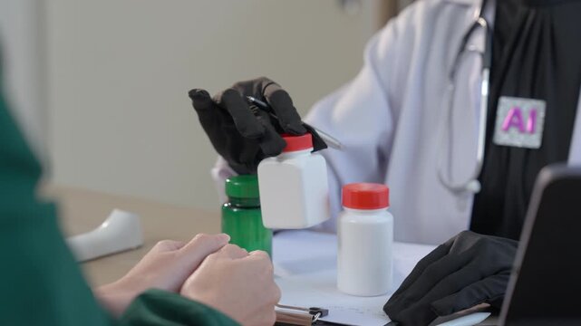 A conceptual image reflecting ethical issues regarding artificial intelligence (AI) in medicine; it depicts a medical professional wearing an AI-themed outfit while recommending medication to a patien
