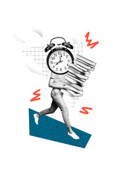 Plakat Vertical photo collage of anonym girl run instead head alarm deadline limit carry book education session isolated on painted background