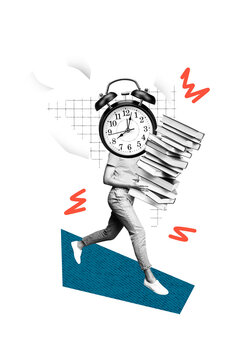 Vertical photo collage of anonym girl run instead head alarm deadline limit carry book education session isolated on painted background