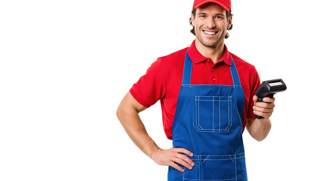 Smiling male grocer in red polo and blue apron holding a barcode scanner isolated on transparent background PNG element