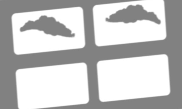 Cloud stencil shapes, a set of four white rectangular stencils with two unique cloud designs, ideal for creative projects and graphic design elements.