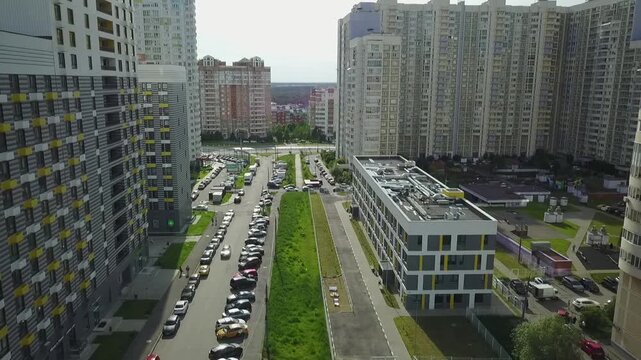 Drone rising and tilting down over Khimki clinic street