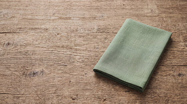 Minimalist top view flat lay with a folded green cotton kitchen napkin isolated on a rustic wooden table background, ideal for mockup and culinary presentation