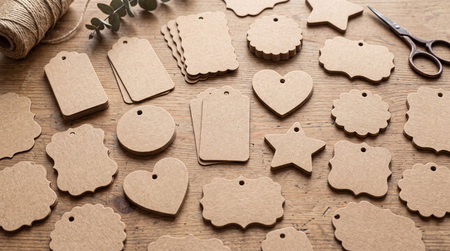 Assorted brown craft cardboard paper tags with various decorative scalloped edge shapes for gift wrapping, retail labeling, and DIY craft projects