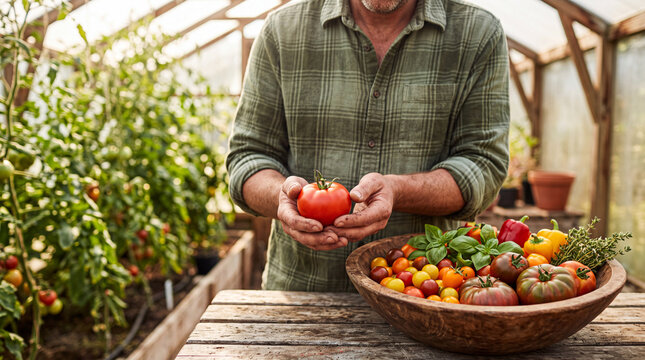 Man holding a fresh red tomato beside a bowl of colorful greenhouse produce symbolizing seasonal abundance and the rewarding experience of home gardening