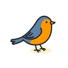 Fototapeta premium Small songbird with blue grey wings and orange chest perched on ground, flat hand drawn vector illustration of garden bird, isolated on transparent background