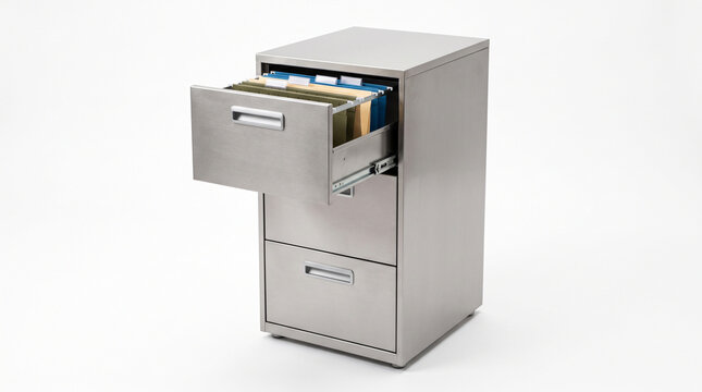 A metal three drawer filing cabinet with the top drawer pulled open on white background with extended filled hanging stainless steel three hanging file folders
