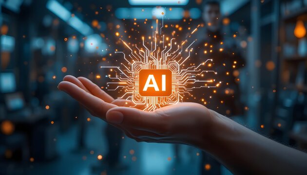 advanced artificial intelligence microchip hovering over human hand with circuit connection background