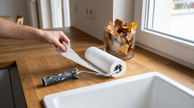 Man using paint roller as paper towel holder on wooden kitchen countertop. Concept of kitchen counter, life hack, diy, funny, absurd, creative idea.