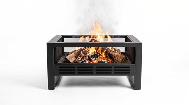 A modern black metal fire pit burning wood logs with bright flames on white background with rising smoke against modern rectangular ventilation minimalist combustion
