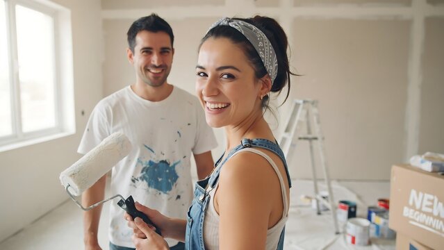 A happy young couple standing in a room under renovation, holding a paint roller and smiling while looking at the camera during home improvement