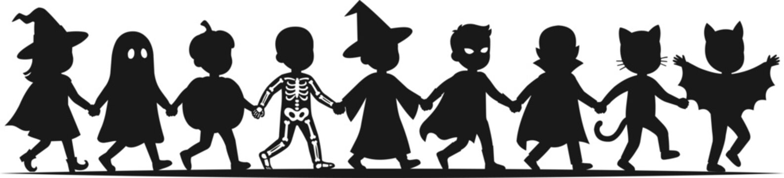 Halloween Silhouette Vector Border of Kids Trick or Treating in Costumes