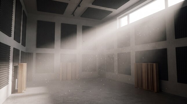 Empty soundproof recording studio room with acoustic foam and volumetric light