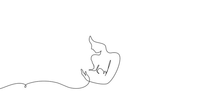 Continuous line drawing of woman breastfeeding her child. Elegant one-line art illustration depicts motherhood moment with minimalist black outline on white background for health awareness.