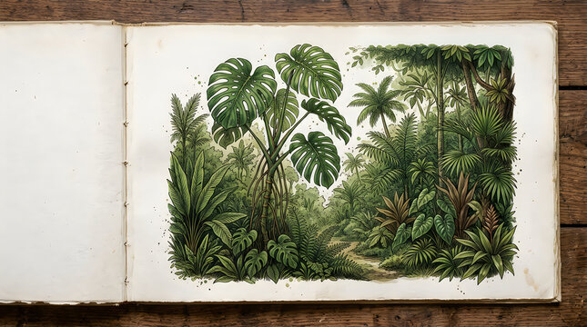 Beautiful hand drawn illustration of lush tropical jungle plants in an open vintage sketchbook