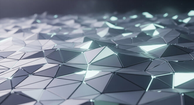 Futuristic metallic triangular mesh surface featuring shimmering lights creating a sophisticated technological landscape with metallic reflections for creative design projects and digital