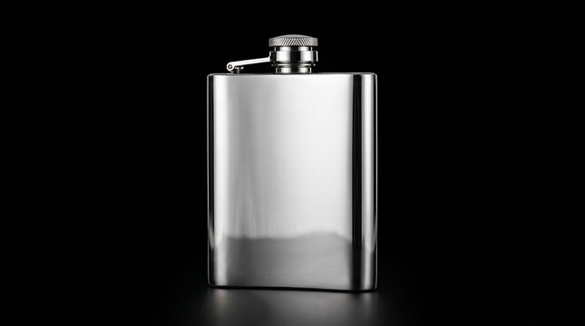 A sleek polished stainless steel hip flask standing upright against a plain dark black background with stands vertically against minimalist reflection industrial