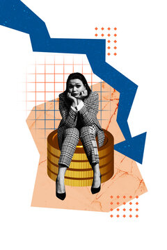 Creative artwork template sketch image 3D collage of pile money coins golden young lady sit sad bad mood arrow down point&nbsp;loss&nbsp;decrease