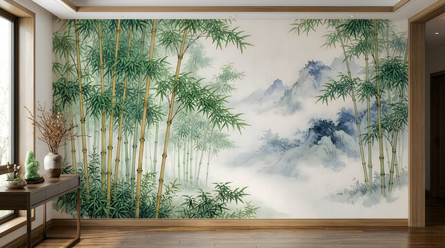 Large bamboo forest mural wallpaper painting on the interior wall of a modern living room