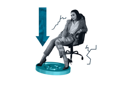 Creative trend collage of&nbsp;young female businesswoman sit armchair crisis inflation recession&nbsp;weird freak bizarre unusual fantasy