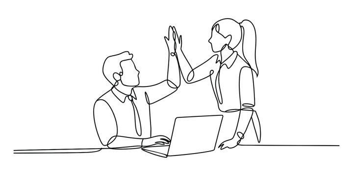 Business colleagues giving a high five in a modern office, continuous line art