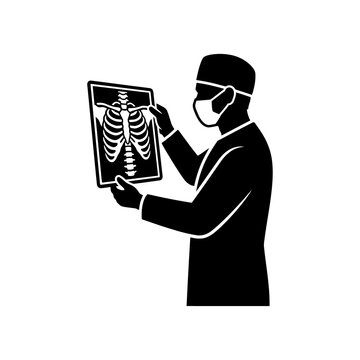 Surgeon analyzing chest xray film black silhouette icon. Radiologist examining skeletal rib cage scan for diagnostic medicine and hospital imaging presentations.