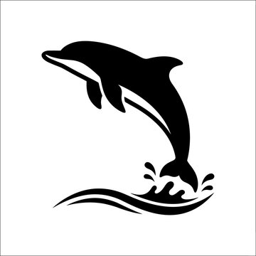Jumping dolphin black silhouette jumping over ocean waves vector icon for marine life conservation themes or coastal vacation summer travel design resources.