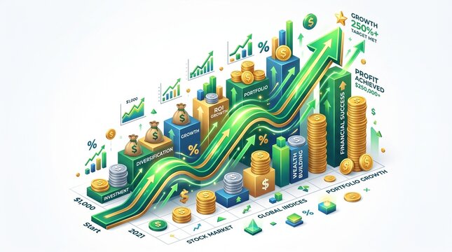 Financial growth investment and stock portfolio success isometric vector illustration featuring wealth building charts profit arrows coins