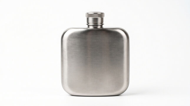 A brushed stainless steel hip flask isolated against a clean white background for studio display with metallic pocket container liquids stands upright against plain white studio background